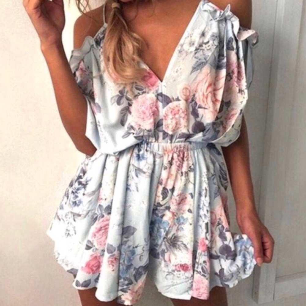 Floral Romper with Shoulder Cut-out